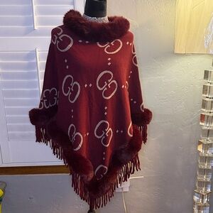Burgundy Poncho with Fur Trim and Pattern